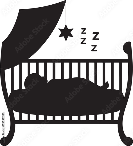 Silhouette of a sleeping baby in a crib with a hanging star decoration and sleep symbols