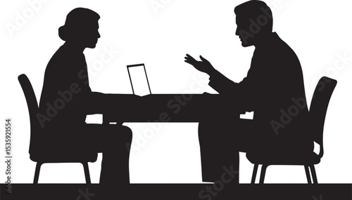 Silhouette of business people meeting at a table with laptop for collaboration and discussion