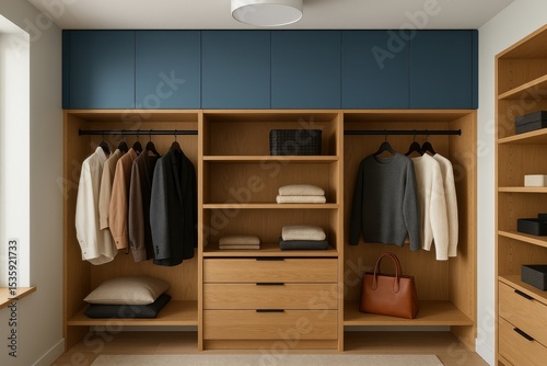 Contemporary walk-in closet with warm blue upper cabinets and natural wood shelving system photo