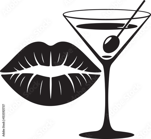 Stylish black and white illustration of lips and a martini cocktail perfect for parties