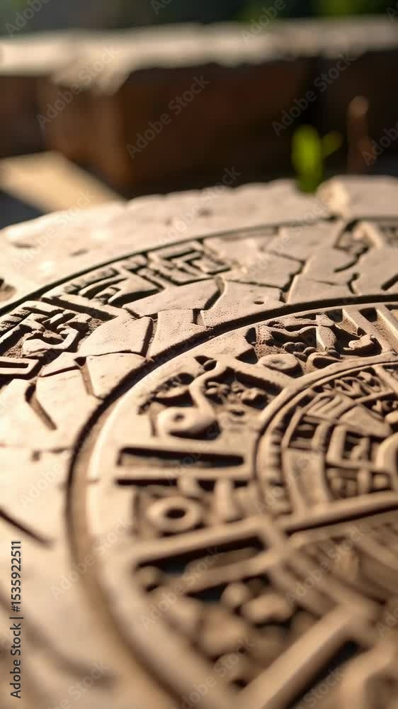 Close up of a carved stone disk with ancient symbols and geometric patterns in warm sunlight outdoors Close up of a carved stone disk with ancient symbols and geometric patterns in warm sunlight outdoors