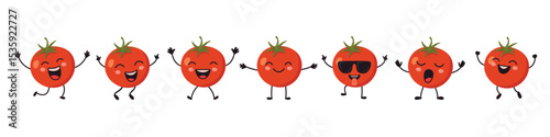 Funny Tomato Character Set With Faces And Legs. Cartoon Red Tomato Mascot Collection for Kids Design, Food Packaging. Vector Clipart, Kawaii Style, Cute Vegetable Icons, Happy Tomato Illustration