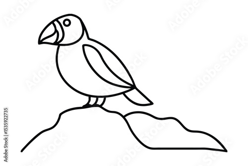 Cute cartoon puffin bird continuous line drawing on rock
