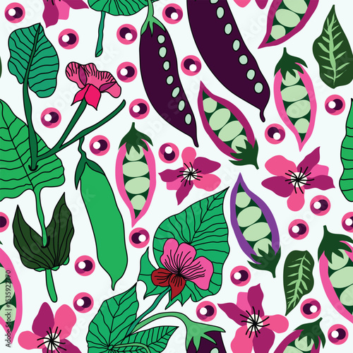 purple and green snap peas pods with pink flowers and leaves with pink pea seeds seamless pattern. It is good for fabric, textile, packaging, decorations, wrapping and more.