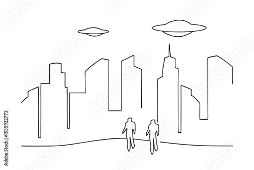 Continuous-line drawing ufos over city skyline two figures walking
