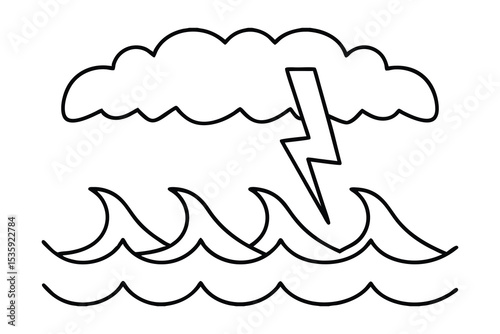 Continuous-line drawing stormy ocean waves lightning cloud