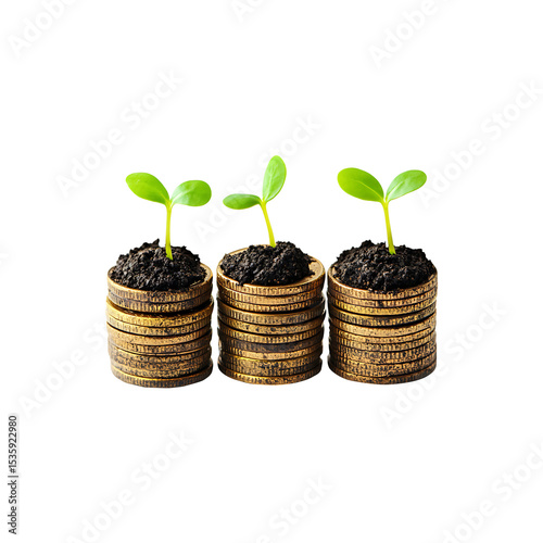 Three Stacked Gold Coin Towers Symbolizing Financial Growth, Isolated on Transparent Background, png