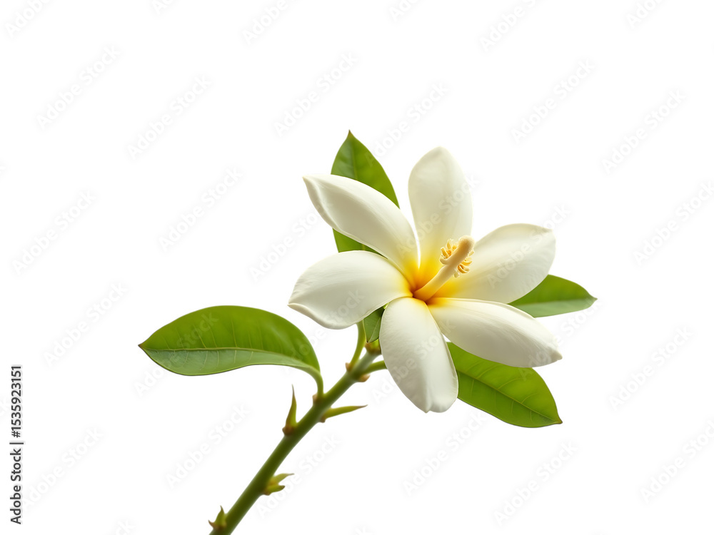 Naklejka premium Jasmine flower and stem with green leaves, on white background,beautiful,petal,plant