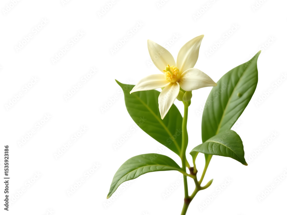 Naklejka premium Jasmine flower and stem with green leaves, on white background,