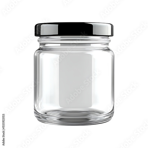 Empty cylindrical glass jar with glossy black metal lid, clean transparent container for food storage, Ideal for Mockups and Product Display, Isolated on transparent background,png