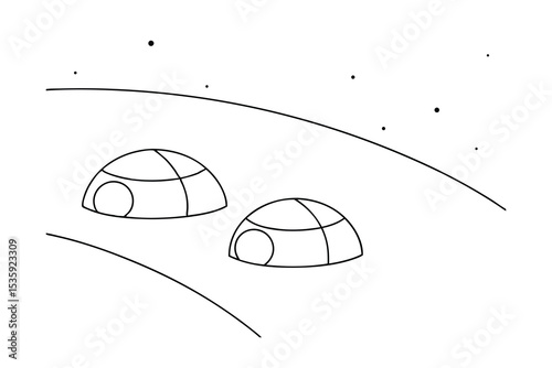 Two igloo line drawings on a hill under a starry sky
