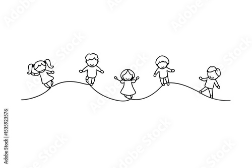 Happy children playing on a continous-line hill