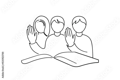 Three students raising hands in class continuous-line drawing