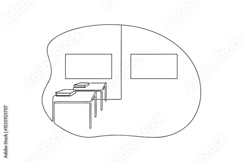 Simple continuous-line drawing empty classroom two desks books