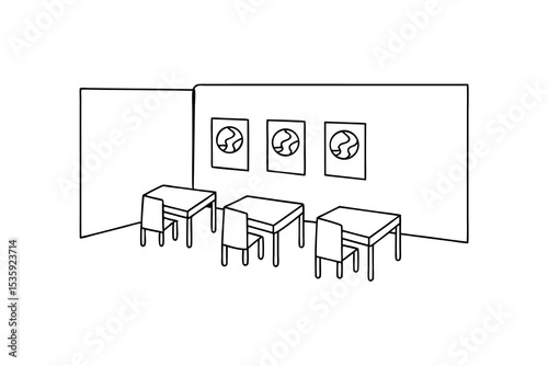 Simple classroom illustration continous-line drawing three desks chairs wall decor