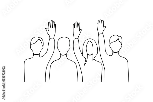 Four people raising hands continuous line drawing illustration