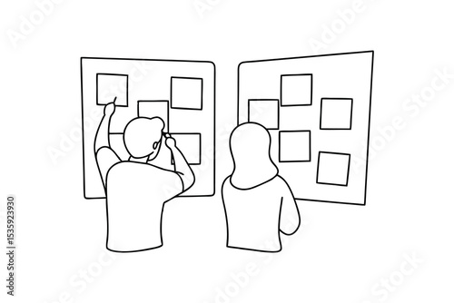 Two people collaborating on a continuous-line project board