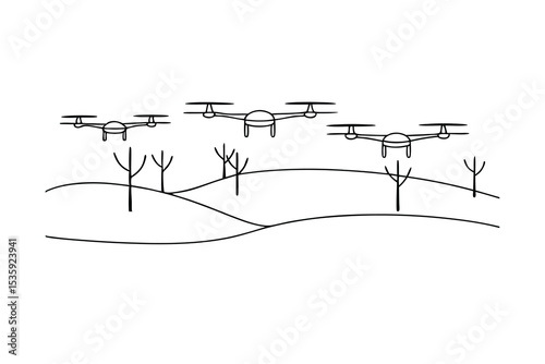 Three drones flying over rolling hills continuous-line drawing