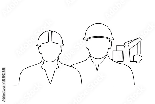 Two construction workers continuous-line drawing industrial site