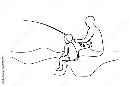 Father and son fishing continuous-line art minimalist illustration