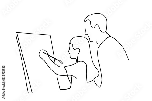 Young woman painting with her teacher continuous-line art