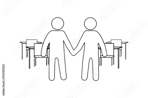Two simple figures holding hands classroom setting continuous-line drawing