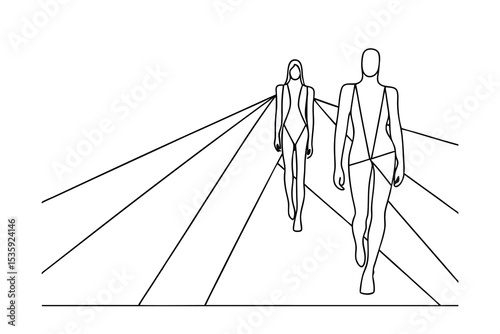 Two fashion models walking continous-line runway design