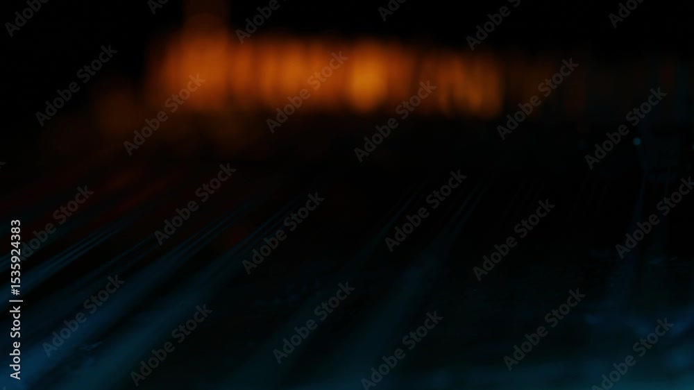 A cinematic rack focus travels down the strings of a traditional ethnic lute, possibly an Oud. Moody blue and orange lights create a mysterious, artistic closeup.