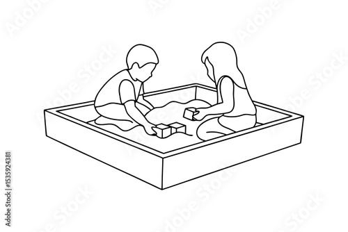 Two children playing in a sandbox continuous-line drawing