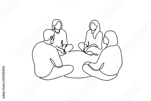 Four people sitting in a circle continuous-line drawing