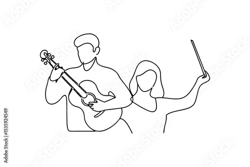 Continuous-line drawing musician playing guitar with conductor