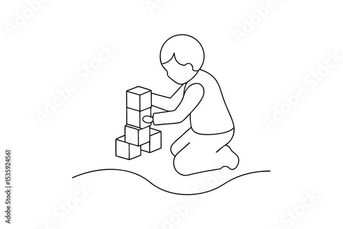 Child playing with blocks continuous line drawing simple illustration