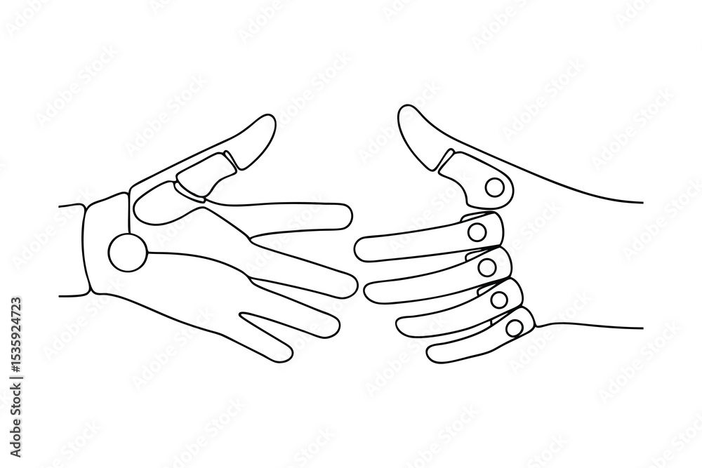Obraz premium Robotic hands in continuous-line art shaking hands partnership
