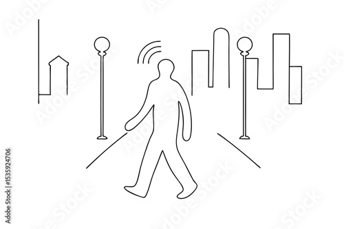 Blind person navigating city street using cane continuous-line drawing