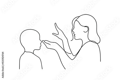 Woman gently communicating with child continuous-line drawing