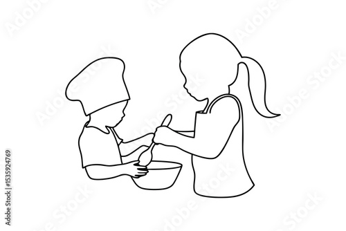 Two children baking together continuous line art illustration