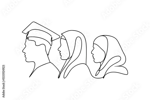Continuous-line drawing of graduate and two hijab women