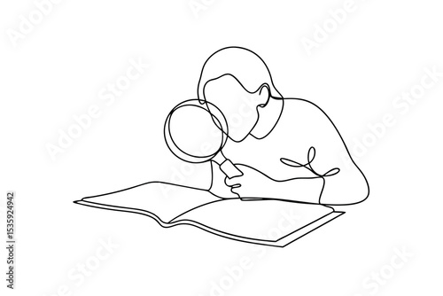 Person examining book with magnifying glass continuous-line drawing