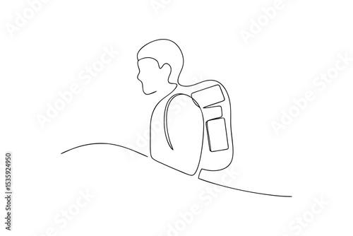 Continuous-line drawing of person with backpack travel adventure