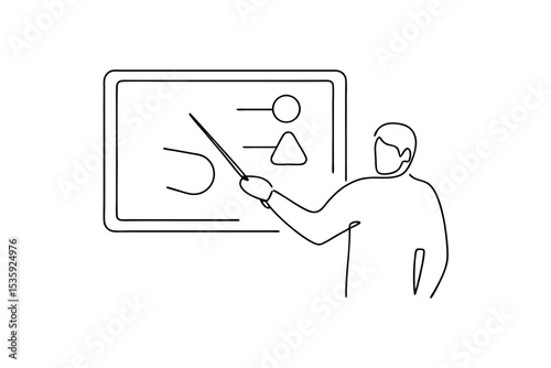 Continuous-line drawing teacher presenting data on whiteboard