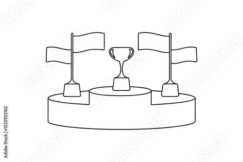 Winning trophy on podium with flags continuous-line drawing