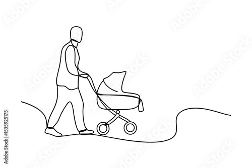 Single line drawing parent pushing baby stroller outdoors continous-line art