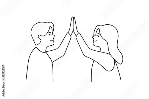 Happy couple giving high five continuous line art illustration