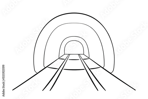 Continuous-line drawing of a tunnel with railway tracks