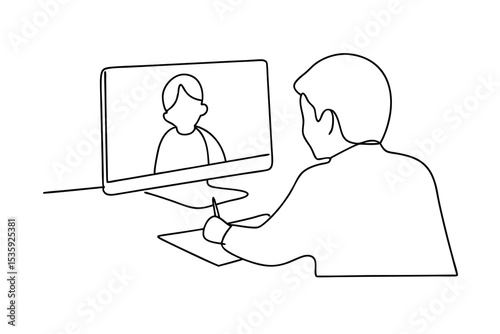 Man on video conference taking notes continous-line drawing
