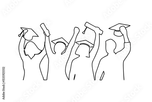 Happy graduates celebrating success continuous-line art