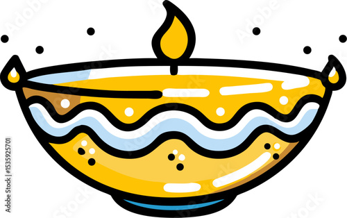 Yellow Diya Oil Lamp with Blue Wave Pattern and Flame