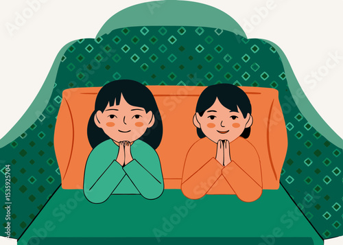 Two girls praying together on a sofa, in a minimalist style, with copy space