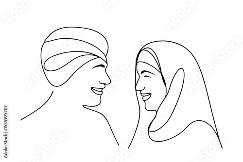 Happy muslim couple continuous-line art drawing