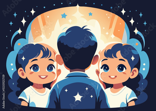 Children admiring a bright future, with copy space